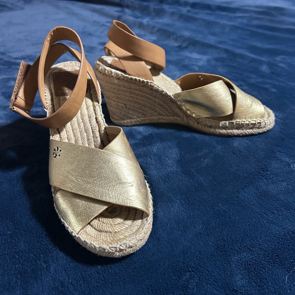 Tory Burch Metallic Gold Wedge Espadrilles